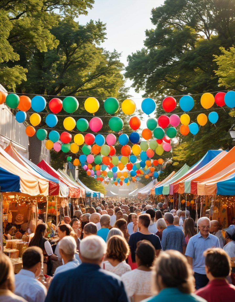 A vibrant outdoor scene capturing a diverse group of people of all ages joyfully celebrating at a Somerville neighborhood gathering. Include colorful decorations, local food stalls, and handmade crafts, with a warm sunset in the background. Envision laughter, music, and a sense of community spirit, emphasizing affection and togetherness. super-realistic. vibrant colors. cheerful atmosphere.