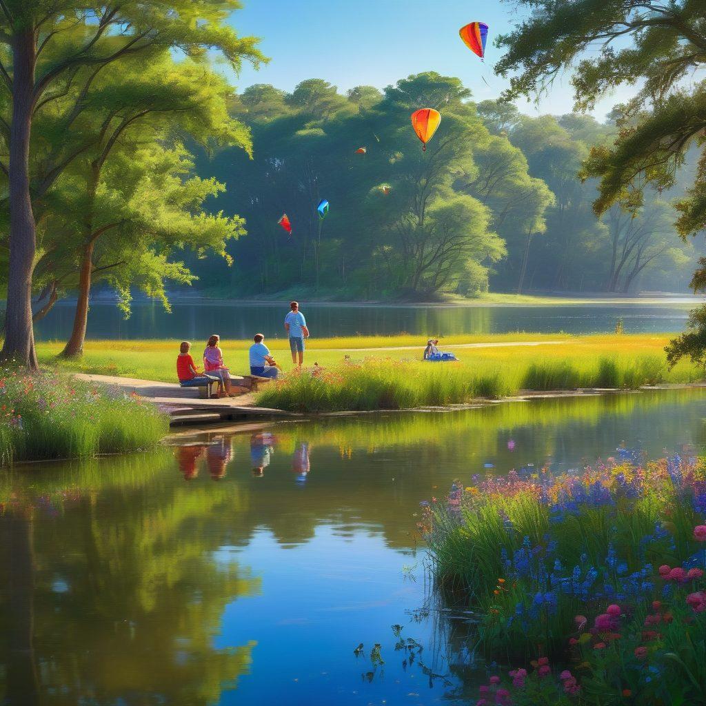 A lively family enjoying a sunny day in Somerville, Texas, engaging in outdoor activities like hiking and fishing by a picturesque lake, surrounded by lush greenery and wildflowers. The scene captures their joyful expressions, highlighting the bond between parents and children. Include elements like picnic gear and colorful kites flying in the sky. vibrant colors. super-realistic. natural setting.