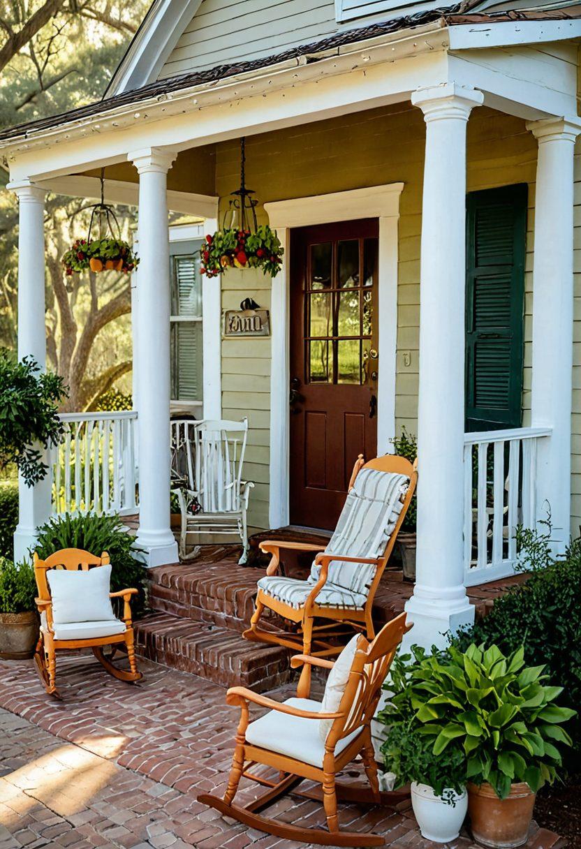 A warm, inviting scene of a friendly Southern family gathered around a porch, sharing a meal and laughter, surrounded by lush greenery and vintage Southern decor. Include elements like sweet tea, homemade pies, and a welcoming sign that says 'Y'all Come Back Now!' showcasing the spirit of community. The sunset casts a golden hue over the scene, conveying warmth and love. super-realistic. vibrant colors. 3D.